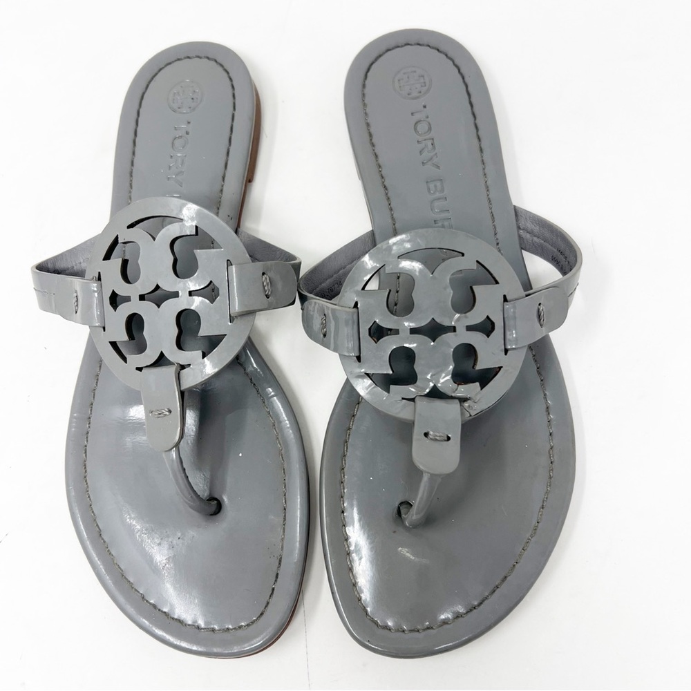 Tory Burch Gray Patent Miller Logo Thong Sandals